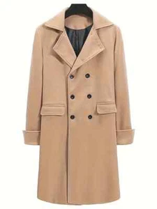 men Double Breasted Long Trench Coat Wool Blend Casual Pea Coats Jackets - Picture 1 of 9