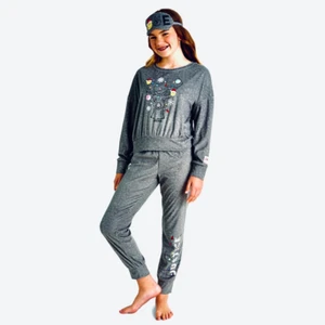 NWT Justice 3 Pcs Grey S(7-8) Long Sleeve Top, Jogger & Eyemask, Pajama Set - Picture 1 of 12