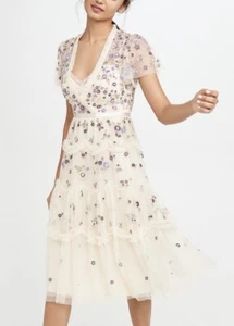 Needle & Thread Dress Prairie Floral Gown Rushed Beaded Champagne embroiderd - Picture 1 of 12