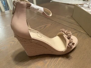 Jessica Simpson Blush Flower Open Toe Sandal Sz 8.5 Wedge NEW Ankle strap - Picture 1 of 6