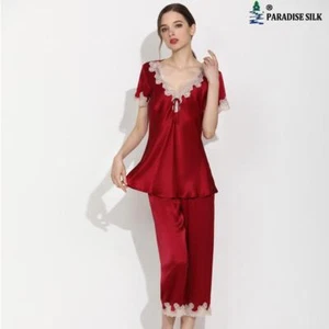Pijama de seda natural conjunto corto para mujer pantalones de manga corta traje de dos piezas bre... - Imagen 1 de 7