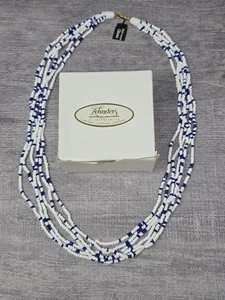 Vintage Bohemian Glass Beaded Necklace Multi Strand Blue White New w Tags - Picture 1 of 6