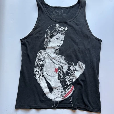 FATAL CLOTHING  Black w/ Tatoo Girl w/ Skeleton Pirate Hat Men Tank Top Sz L - Image 1 of 4
