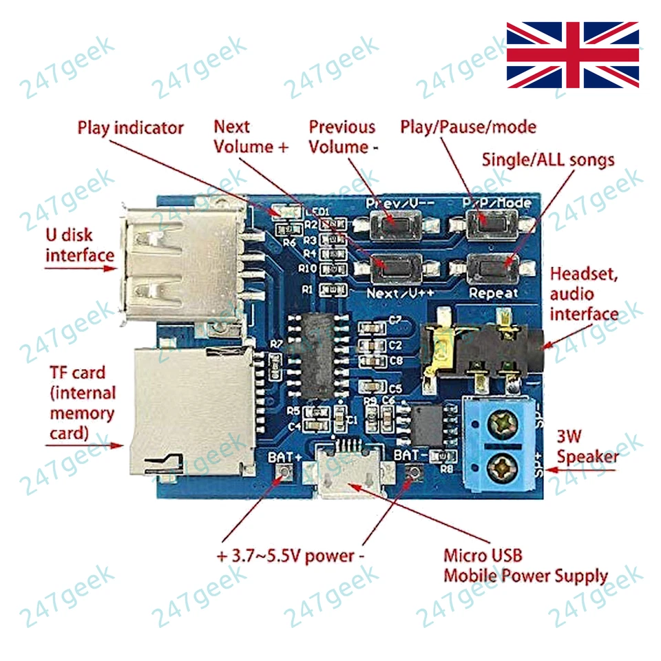 🇬🇧 MP3 player module 2W Amp Speaker Terminals uses USB or microSD (TFcard) UK - Image 1 of 4