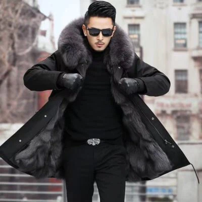 Abrigo de piel de zorro desmontable Parker para hombre talla grande chaqueta larga de invierno cálido 5XL Foto 1 de 4