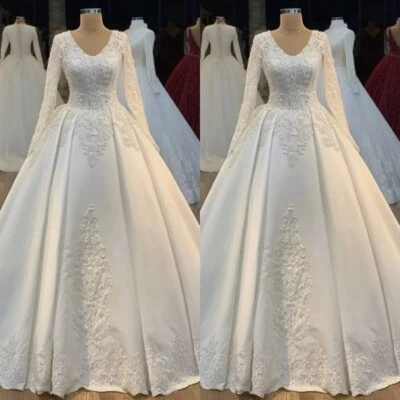 Elegant Wedding Dresses Long Sleeves Lace Appliques V Neck Satin Bridal Gowns - Image 1 of 4