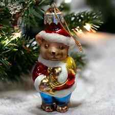 Santa Teddy Bear with Horn Ornament Hand Blown Glass Thomas Pacconi Classics '02