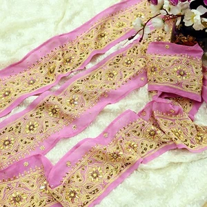 Indian Vintage Pink Border Hand Embroidered Craft Trim 1yd Lace Sewing Georgette - Picture 1 of 13