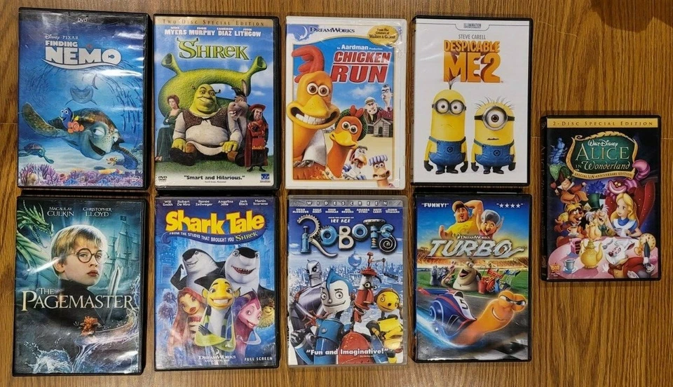 Childrens 9 DVD Lot (Shark Tale, Nemo, Alice, Shrek, Turbo, Chicken Run, Robots) - Image 1 of 1