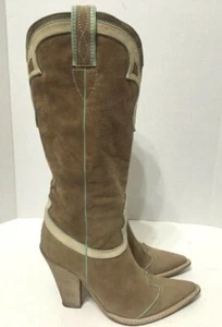 Nando Muzi Western Boots High Heel Cowgirl Pull On Taupe Suede Womens Size 38.5 - Picture 1 of 12