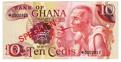 1977 Ghana 10 Cedis P15 Banknote UNC Specimen - Image 1 of 2