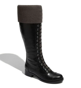 NEW COLE HAAN Air Whitley Laces Knit Cuff Black Leather Knee-high Boot US 6.5 B - Picture 1 of 12