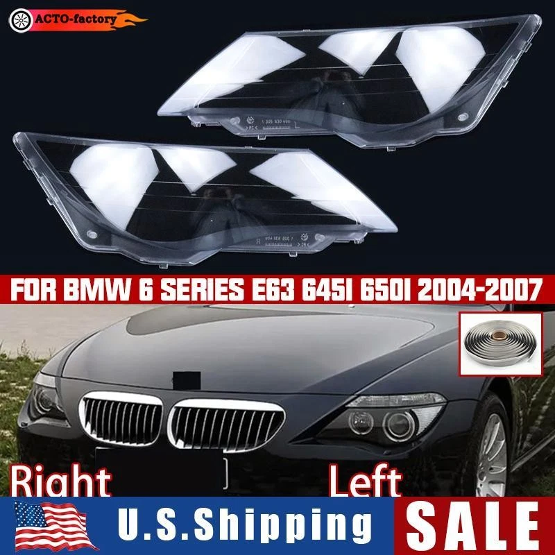For BMW 6 Series E63 645i 650i 2004-2007 Pair Clear Headlight Lens Cover +Glue Foto 1 de 4