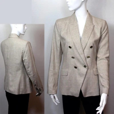 M&S LINEN & COTTON Double Breasted BLAZER Jacket ~ Size 12 ~ BEIGE Mix - Image 1 of 4