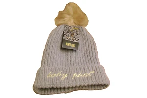NWT- GREY DESIGNER BABY PHAT THICK KNIT FUR POM POM RIBBED WINTER HAT- ONE SIZE - Picture 1 of 6