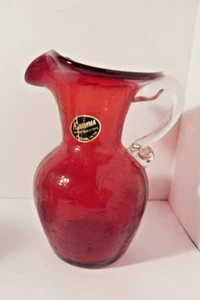 Vintage Kanawha Red Crackle Glass Pitcher w/Applied Glass Handle, Sticker, 7" - Picture 1 of 6