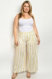 Pants SIZE 3XL Womens Plus YELLOW WHITE Striped 40" WAIST Wide Leg PLEATED - Picture 1 of 3