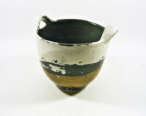GORKA LIVIA, WHITE & BROWN CACHEPOT WITH HANDLES 7", 1950'S ART POTTERY ! (G210) - Picture 1 of 8