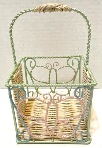 Vintage Wire and Wicker Small Gift Basket Butterfly with Handle 4 x 7" Pastel Cover