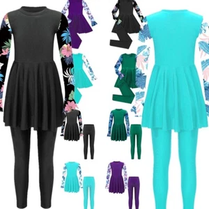 Girl Rash Guard Swimsuit Long Sleeve Swim Dress with Pants Rash Guard Beachwear - Picture 1 of 36