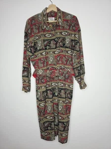 VTG Lady Carol Paisley Print Midi Dress Red Black Gold Long Sleeve Belt Size 14 - Picture 1 of 12