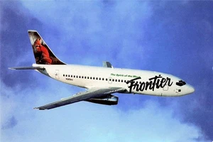 Postcard Airline Frontier Airlines fleet B737-200 Jet N205AU #202 Red Fox AP1. - Picture 1 of 2