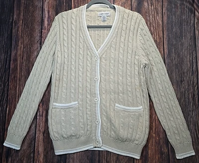 Cárdigan Suéter Universitario Cabin Creek Tejido con Cable Cuello en V Botones Algodón Beige Talla M Foto 1 de 4