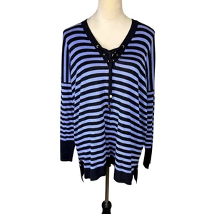 Dana Buchman NWT Women's M Midnight Long Sleeved Striped Lace Up V Neck Shirt - Picture 1 of 12