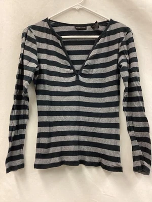 New York & Company Sweater Womens Small Gray Black Striped V Neck Long Sleeve - Image 1 of 4