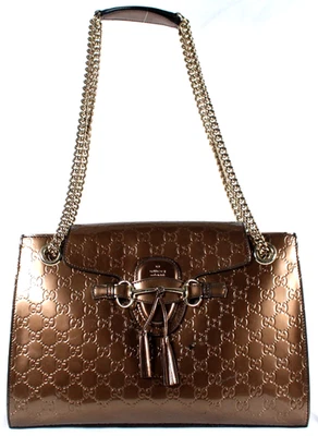 GUCCI $2,390 Bronze GUCCISSIMA Embossed Patent Leather Large EMILY Shoulder Bag - Image 1 of 4