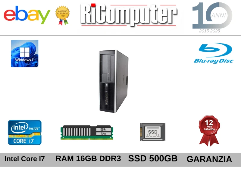 PC HP PRODESK I7 RAM 16GB DDR3 SSD 500GB LETTORE BLU RAY WIN 11 RICONDIZIONATO - Immagine 1 di 1