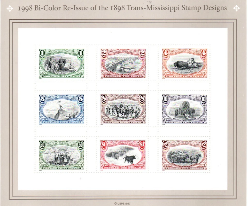 US Stamps # 3209  Re-Issue of Trans Mississippi Souvenir  sheet of 9 stamps - Image 1 of 1