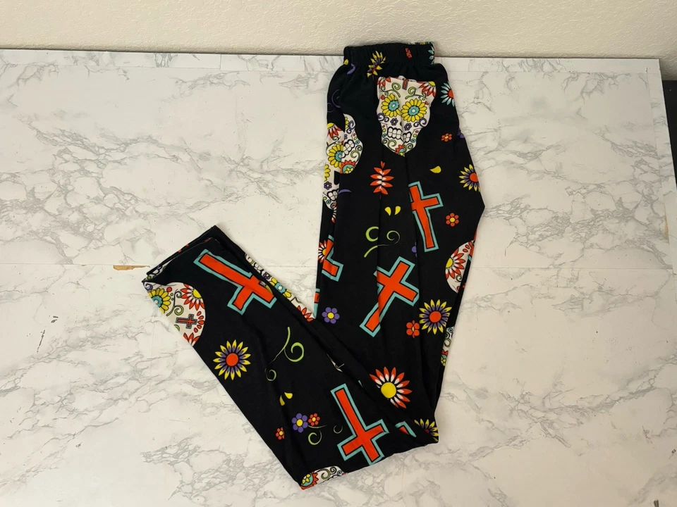 Leggings negros con calavera y cruces para mujer S/M cintura elástica pantalones B2 Foto 1 de 4