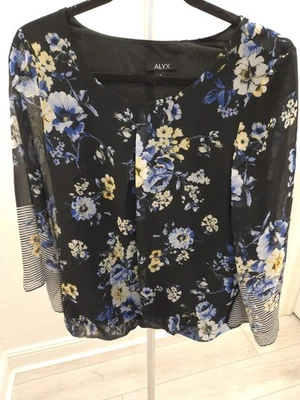 ​ALYX M Black Floral Print Sheer Blouse Striped 3/4 Sleeves Chiffon Boho Top - Image 1 of 4