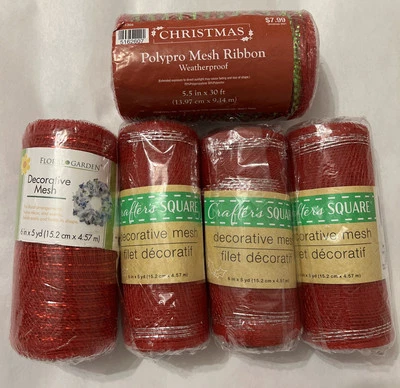 Lot 5 - 1 Green Red Foil Stripe 5” , 3 Red & Silver 1 Red 6”  Mesh Ribbon Craft - Image 1 of 4