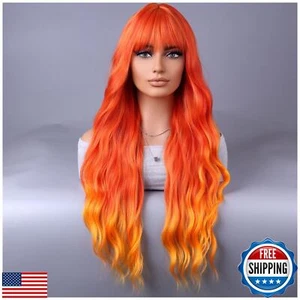 BERON Orange Wigs Women Long Wavy Flame Fire Colored Wig with Bangs 28 Inches - Picture 1 of 5