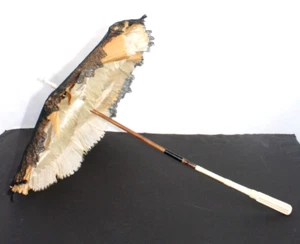 Antique Silk w/ French Lace Overlay Parasol Folding Bone Handle 19th C Victorian - Picture 1 of 12