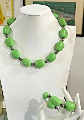 Jadeite Sterling Silver Large Gemstone Set Pair Necklace Bracelet - Image 1 of 4