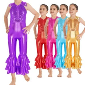 Girl Kids Dance Bodysuit Long Sleeve Unitard Costume Shiny Sequins Long Pants - Picture 1 of 39