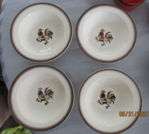 4 Poppytrail Metlox Red Rooster Brown Rimmed Soup Cereal Bowl 7" - Picture 1 of 3