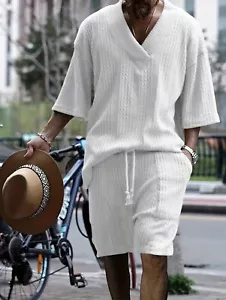 Men's Summer Outfit 2-Piece Set Short Sleeve Shirt & Shorts Set 5XL. White New - Picture 1 of 3