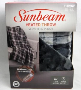 Sunbeam Gray Grey Plaid Heated Throw 50"x60" 3 Settings Auto Off Machine Wash - Picture 1 of 5