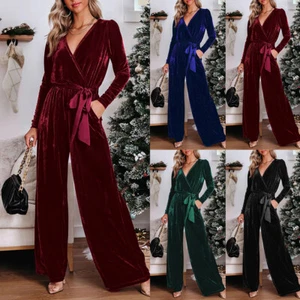 Womens Velvet Wrap V Neck Jumpsuit Wide Leg Pants Evening Party Romper Playsuits - Picture 1 of 29