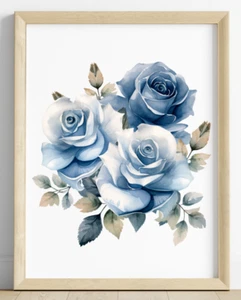 Blumen Kunstdruck, blaue Rosen Wandbild Deko, Botanischer Kunstdruck Natur #489 - Bild 1 von 2