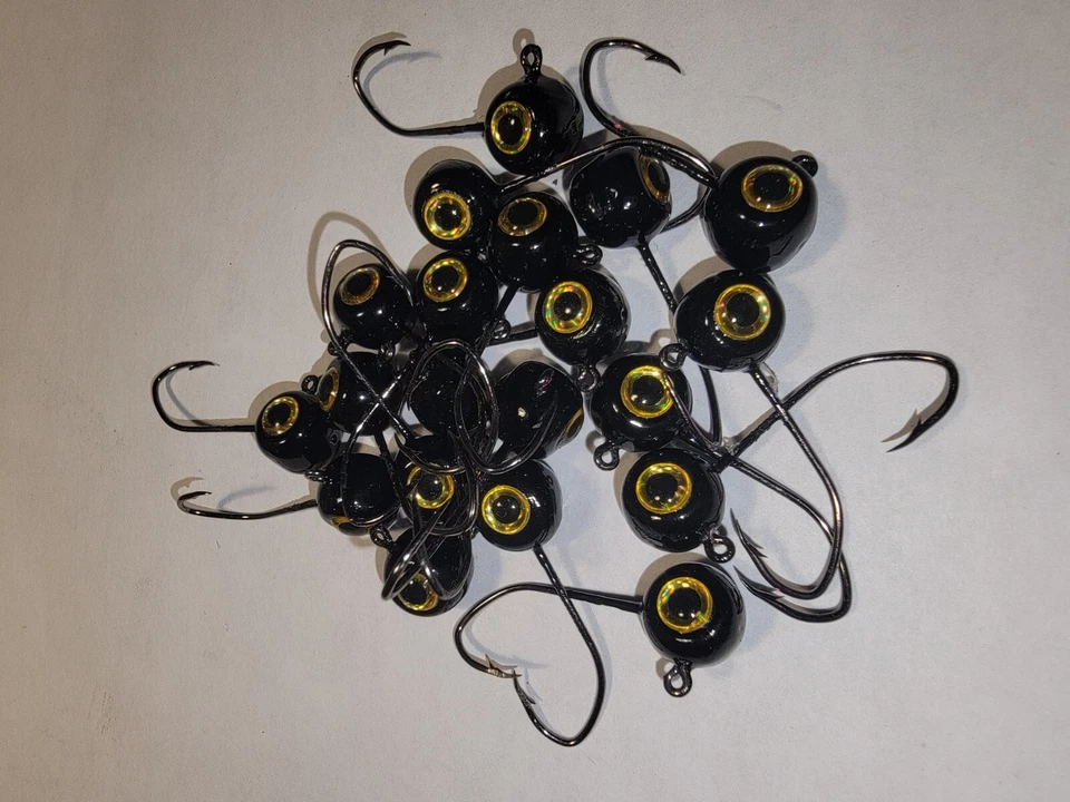 50 pack 1/16 oz.#6  jig heads sickle jig hook  painted gloss black gold eye  - Image 1 of 1