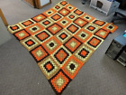 Yarn Knitted Afghan Blanket Throw 5'7"X6' Pre-Owned Yellow Brown Orange