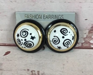 Vintage Round Black Clip On Earrings White Swirls Stars Dots Gold Clip on Clasp - Picture 1 of 12