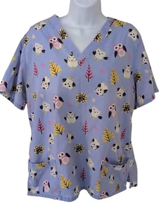 C - Women's Carol's Scrubs Owls Trees Colorful Blue Size L (12-14) Scrub Top - Picture 1 of 5