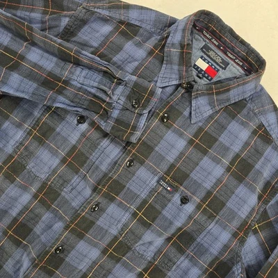 Camisa jeans masculina xadrez flanela botão azul preta vermelha amarela tamanho P Tommy - Imagem 1 de 4
