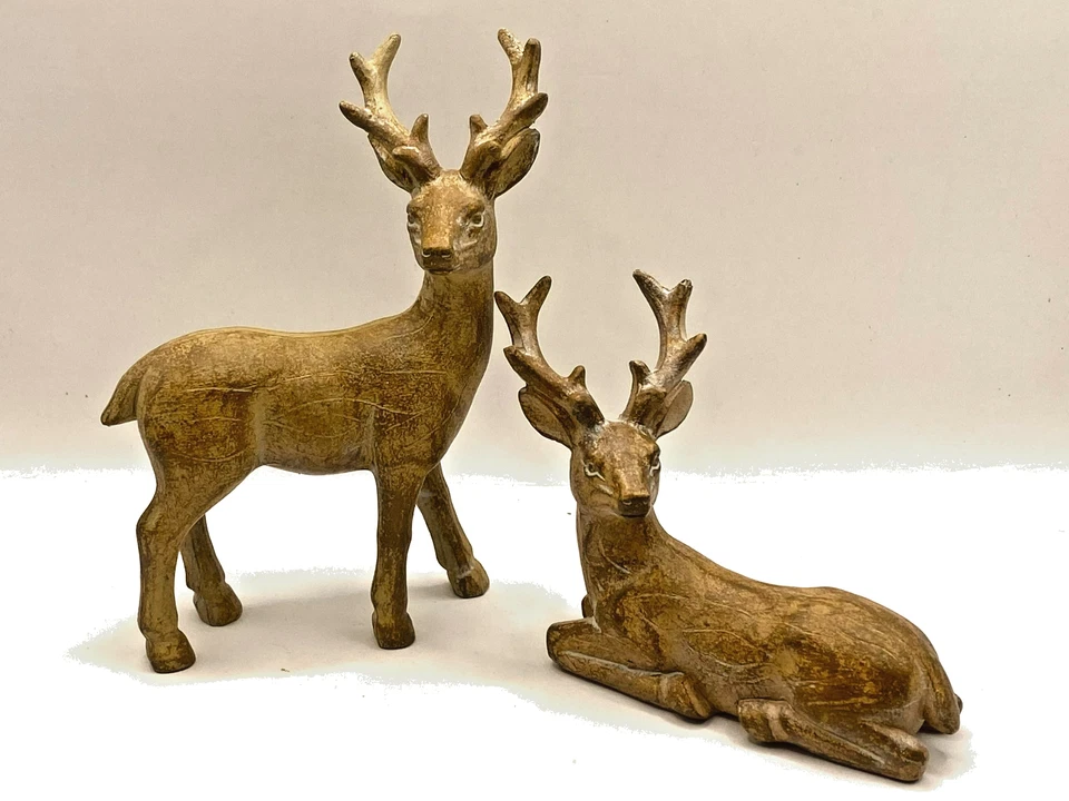 NUEVO JUEGO DE 2 BANDEJAS LINTERNAS DE MESA DECORACIÓN NAVIDAD CIERVO RESINA MARRÓN Foto 1 de 1